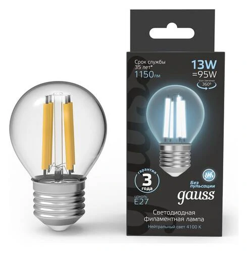 Лампа светодиодная Gauss Filament E27 13Вт 4100K 105802213 - Amppa.ru