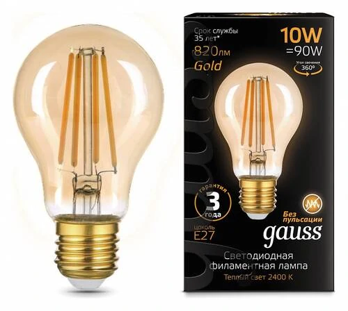 Лампа светодиодная Gauss Filament E27 10Вт 2400K 102802010